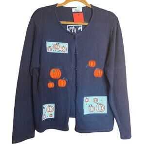 VINTAGE Cotton Blue Pumpkin Fall Cardigan Medium